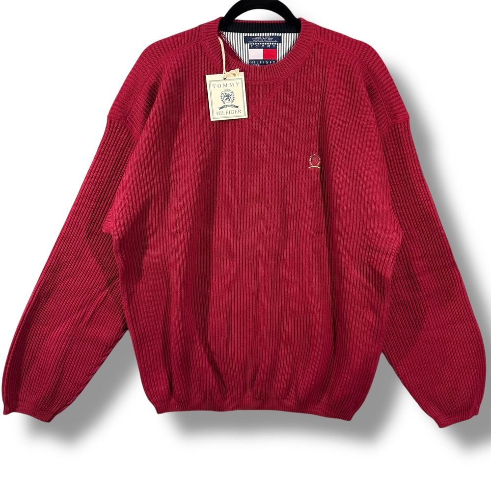 NWT Tommy Hilfiger Ribbed Heavy Knit Red Cotton Crewneck Sweater Mens Large